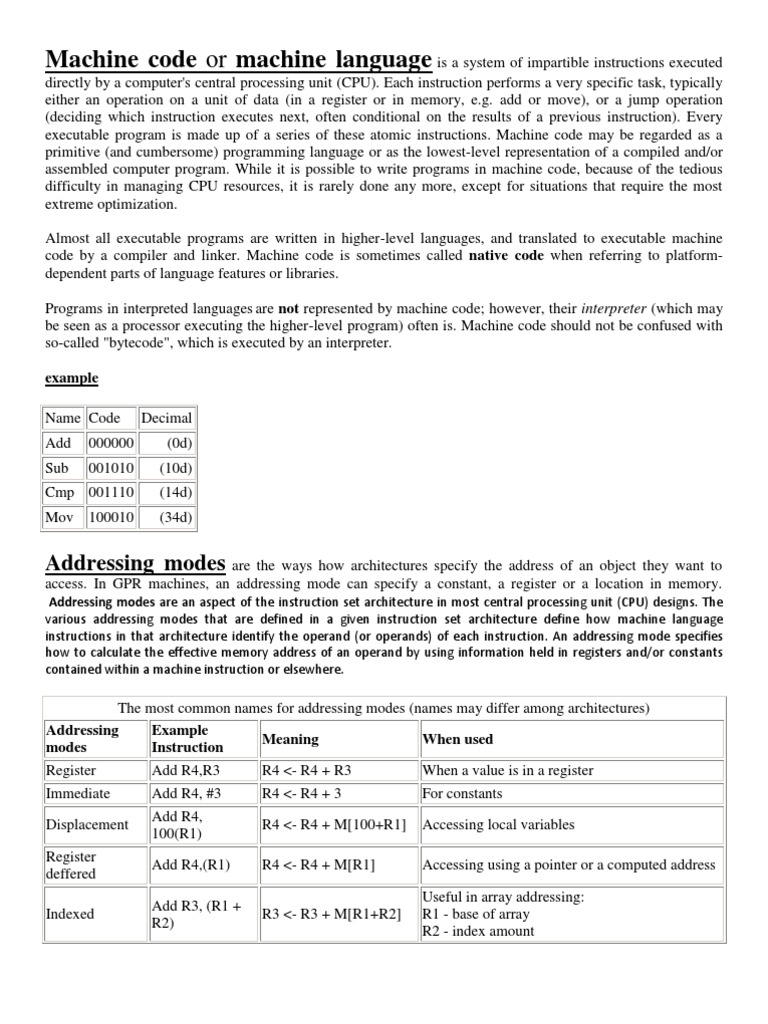 Machine Code and Instruction Set Architecture An Overview of Machine