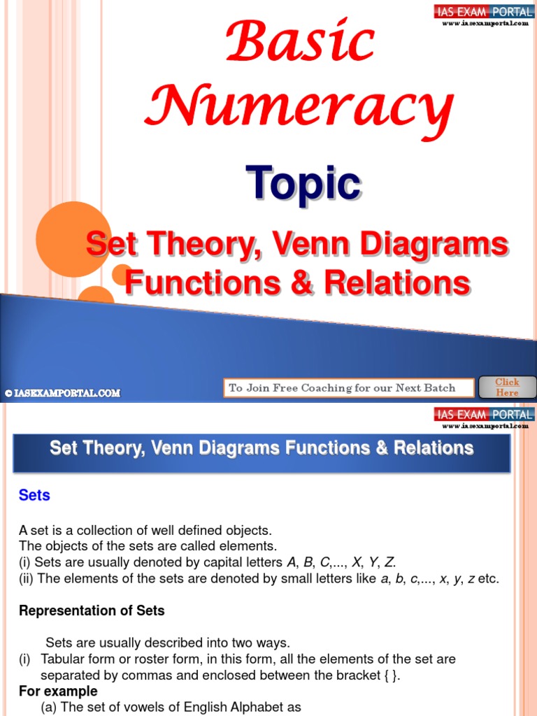 Basic Numeracy Set Theory Venn Diagrams Functions Relations | Integer ...