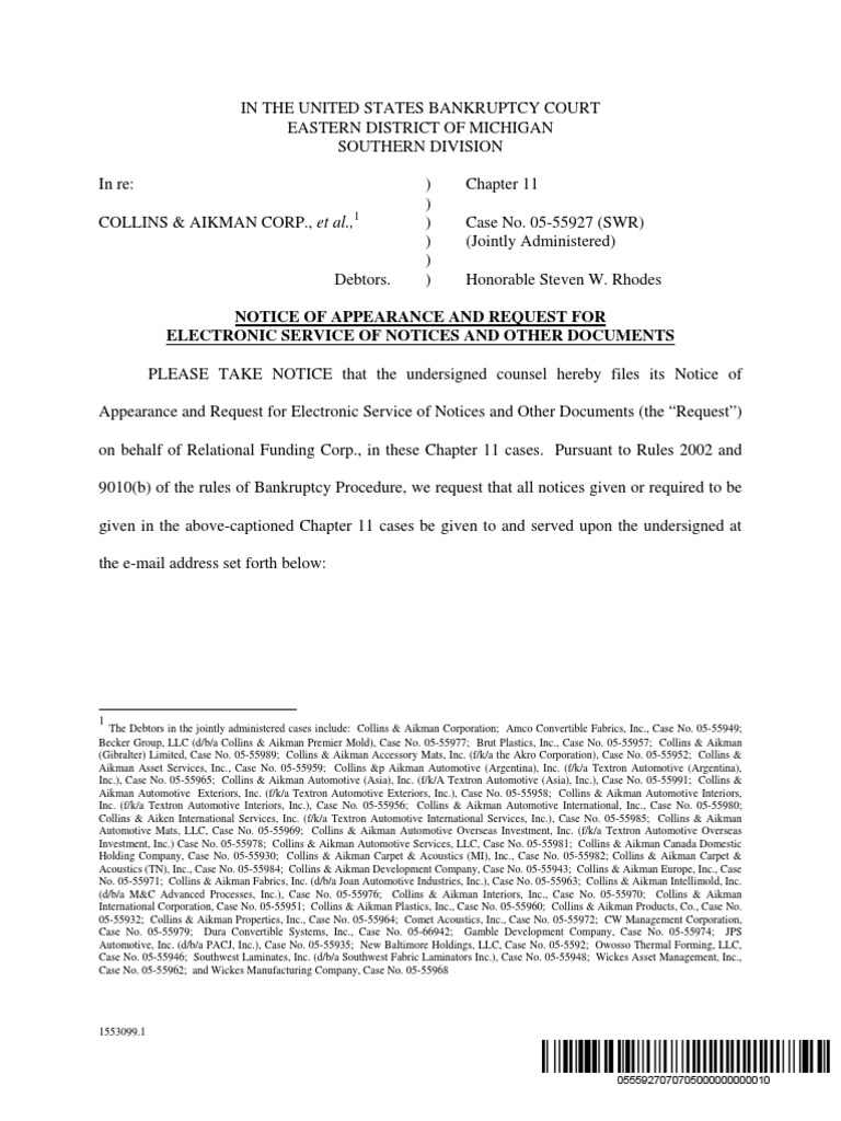 Notice of Appearance and Request For Electronic Service of Notices and