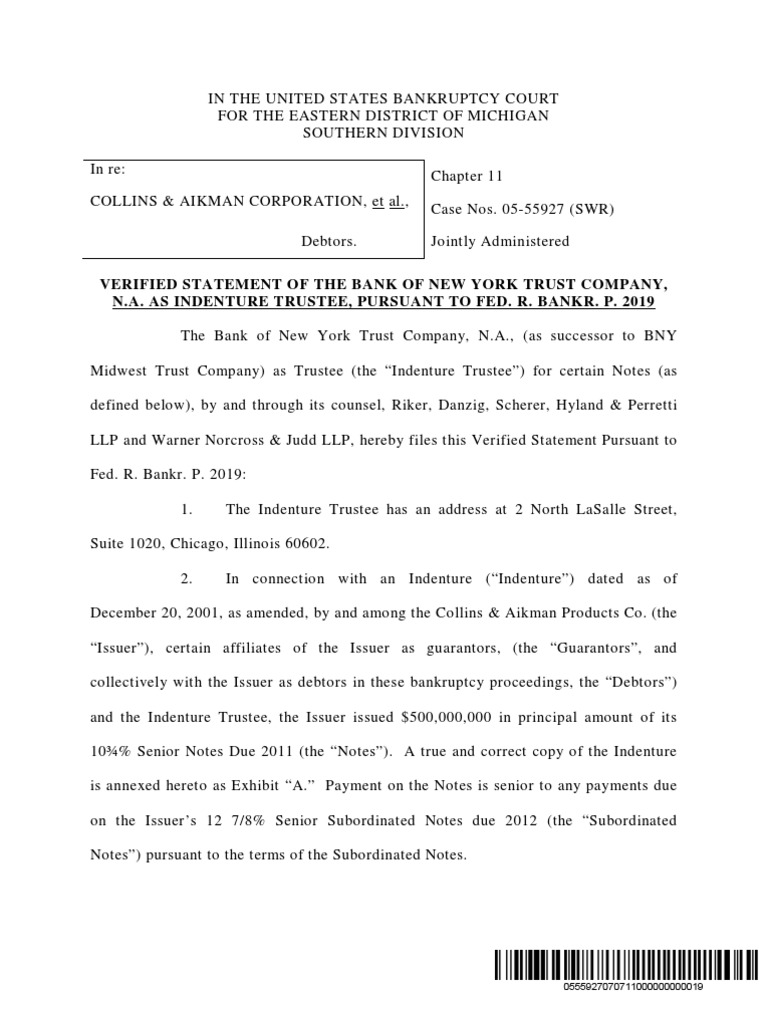 Verified Statement of The Bank of New York Trust Company, N.A. As Indenture Trustee, Pursuant To