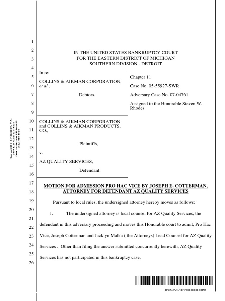 Et Al.,: Motion For Admission Pro Hac Vice by Joseph E. Cotterman ...