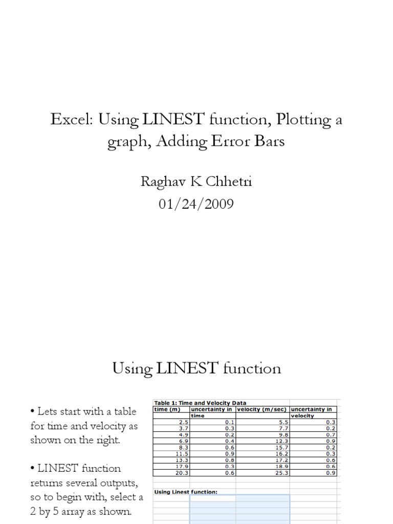 Excel Tutorial Using LINEST function, Plotting a graph, Adding Error