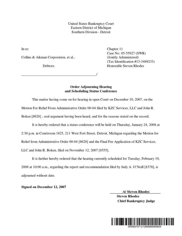 Order Adjourning Hearing and Scheduling Status Conference | PDF