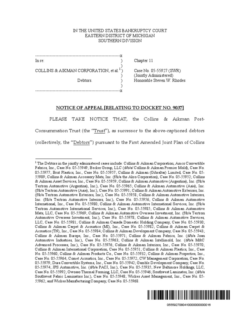 Notice of Appeal (Relating To Docket No. 9037) | PDF | Bankruptcy | Appeal