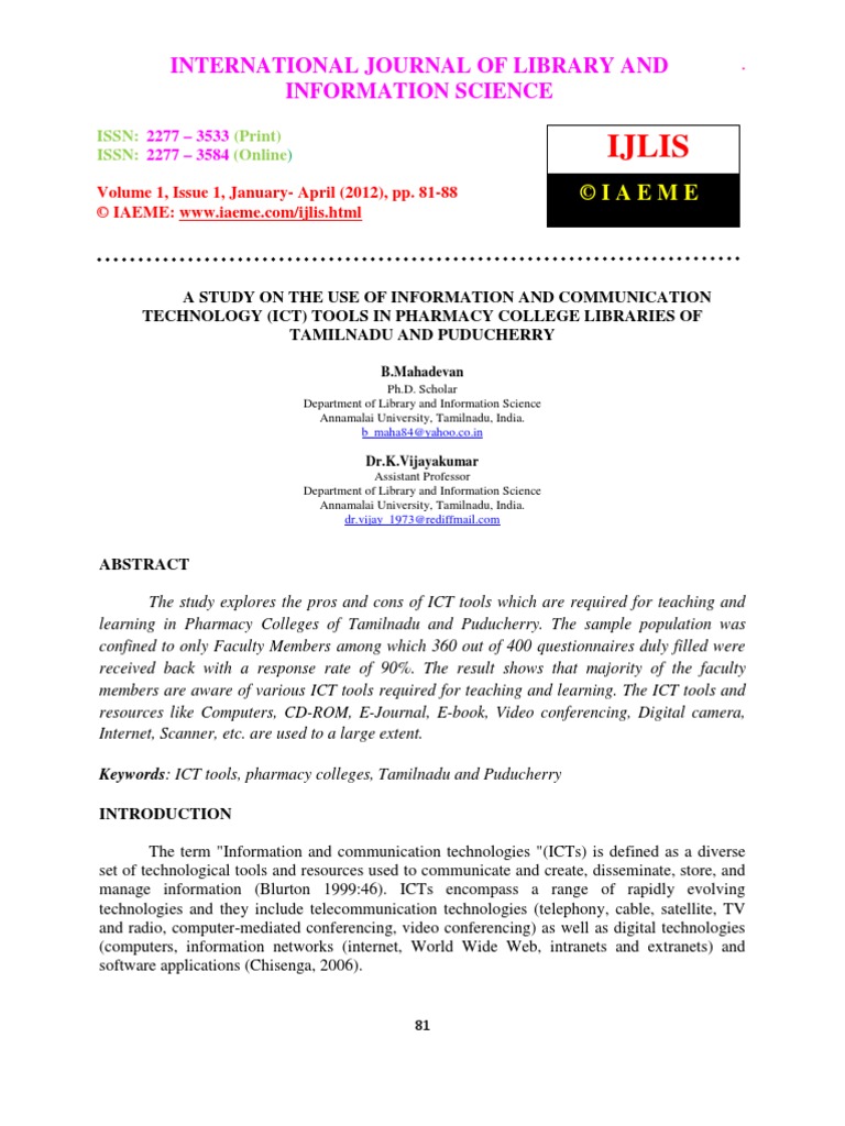 A Study On The Use of Information and Communication Technology (Ict ...