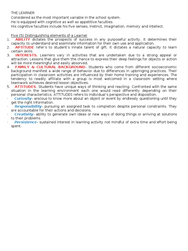 Key Elements Defining a Learner | PDF | Career & Growth