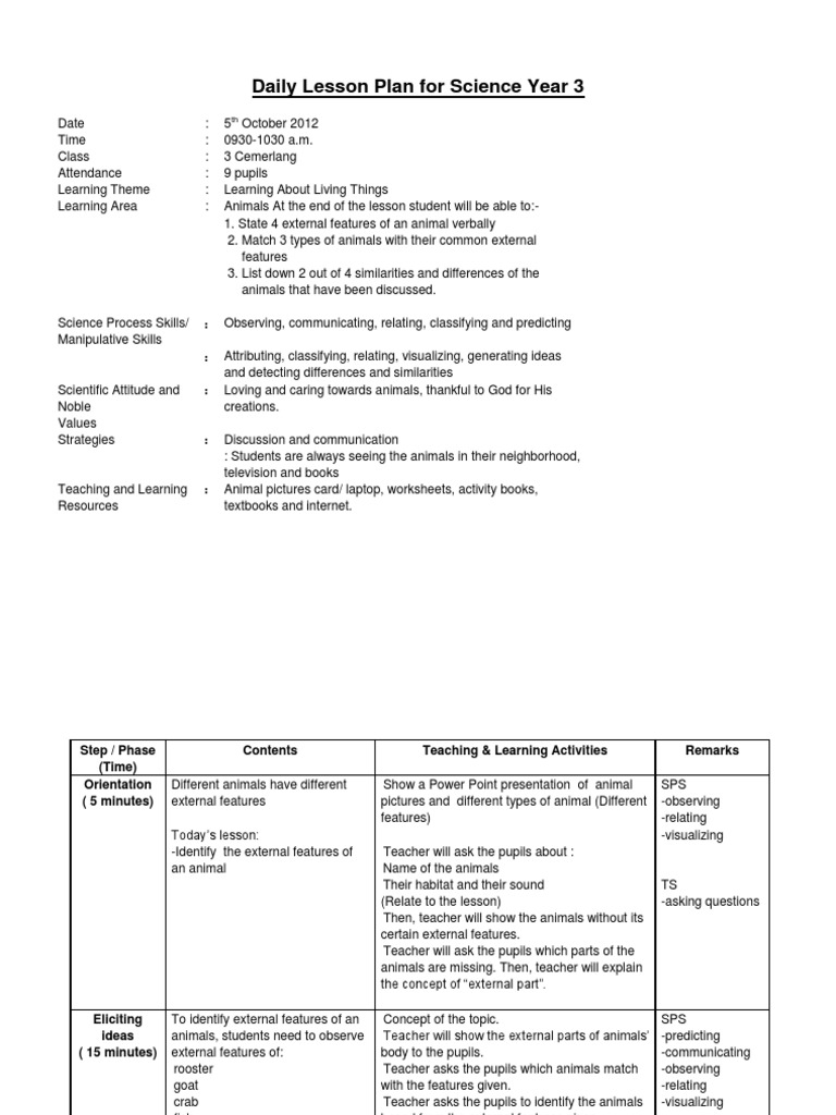 Daily Lesson Plan For Science Year 3 | PDF | Lesson Plan | Science