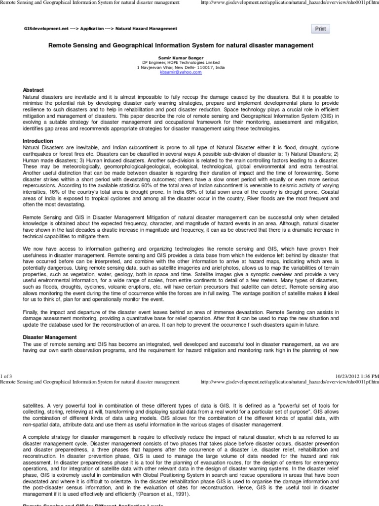 Remote Sensing and Geographical Information System For Natural Disaster ...