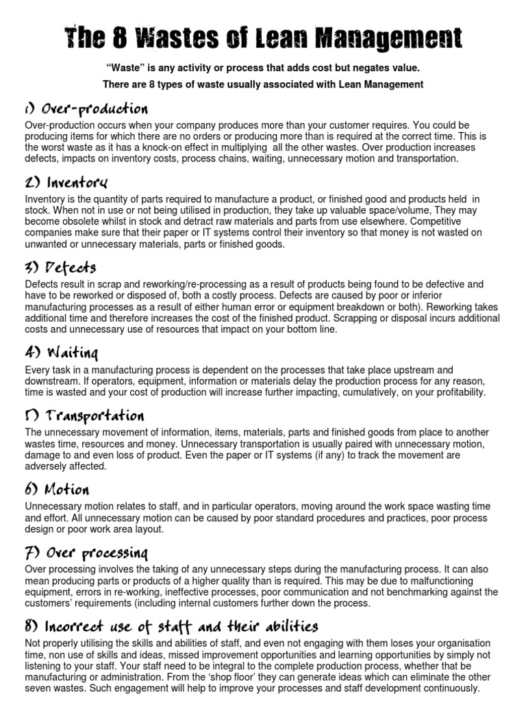 The 8 Wastes of Lean Management Aid Memoir A4 | PDF | Lean ...