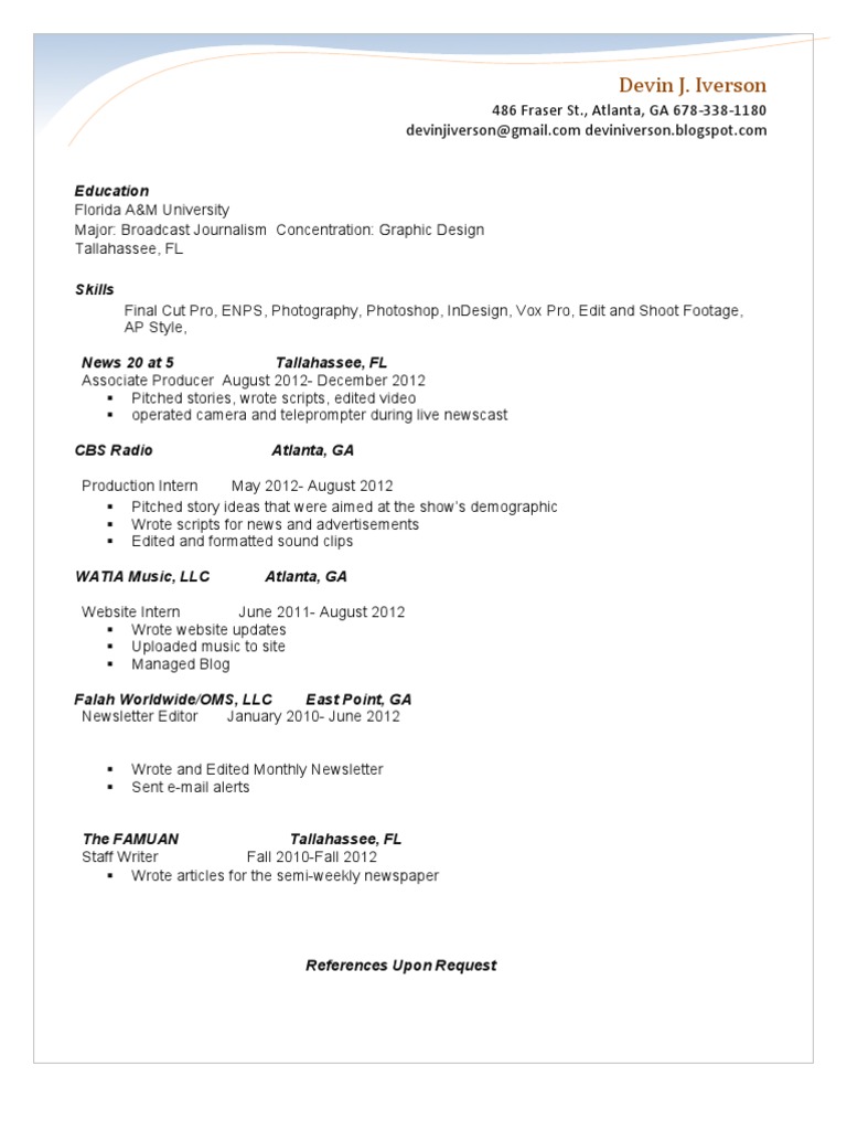 Devin Iverson's Broadcast Journalism CV | PDF | Sports & Recreation
