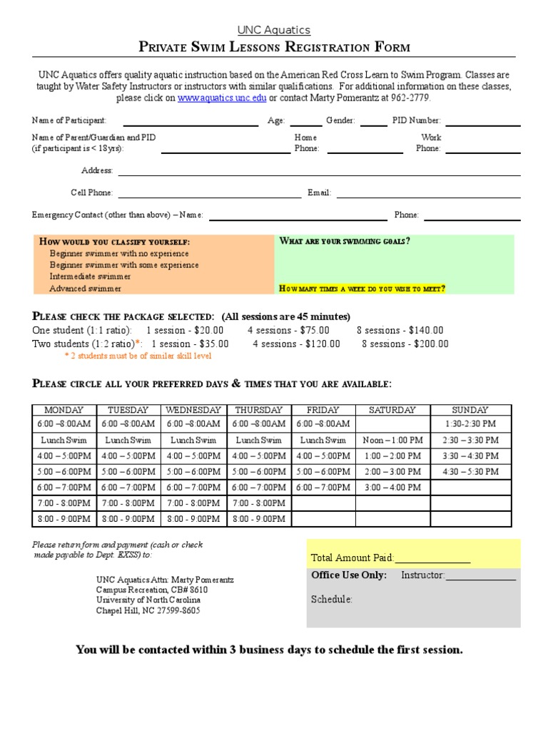 UNC Aquatics Private Swim Lessons Form | PDF