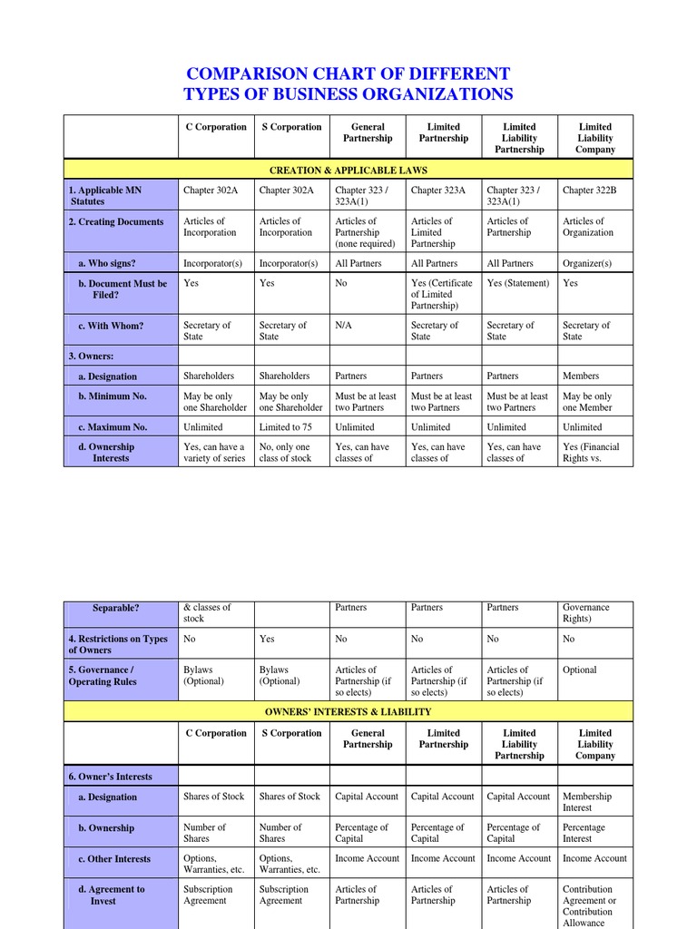 Business Organization Comparison Chart | PDF