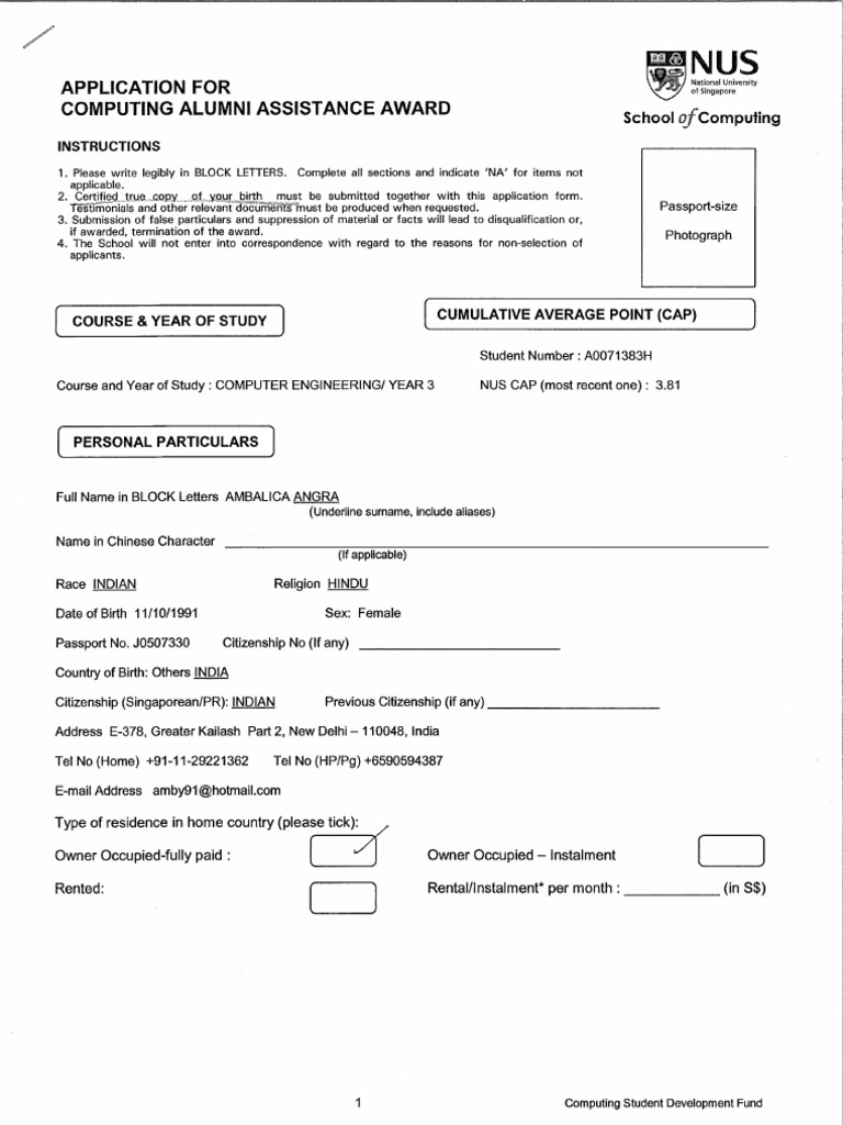 Computing Alumni Assistance Award Application | PDF