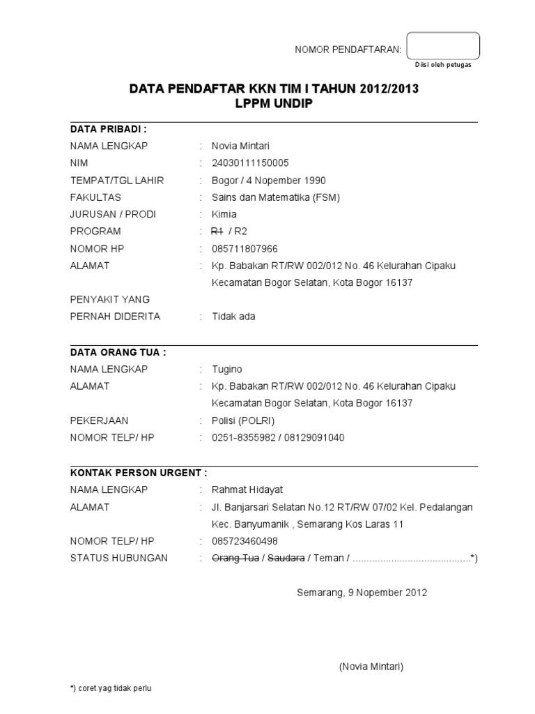 Formulir Biodata Peserta Kkn Novi