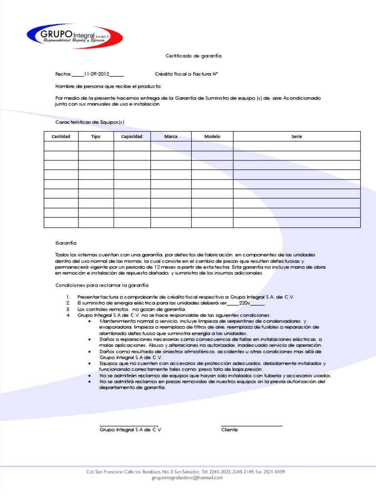 Carta de Garantia de Equipo de Aire Acondicionado