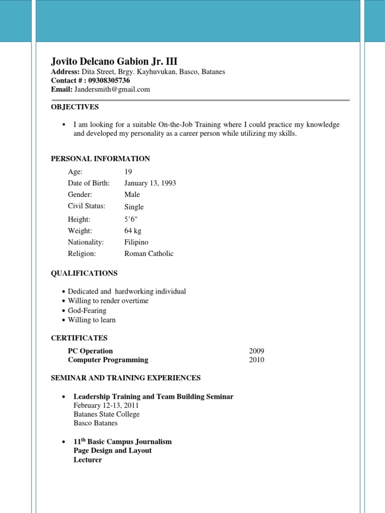 example of resume letter for ojt