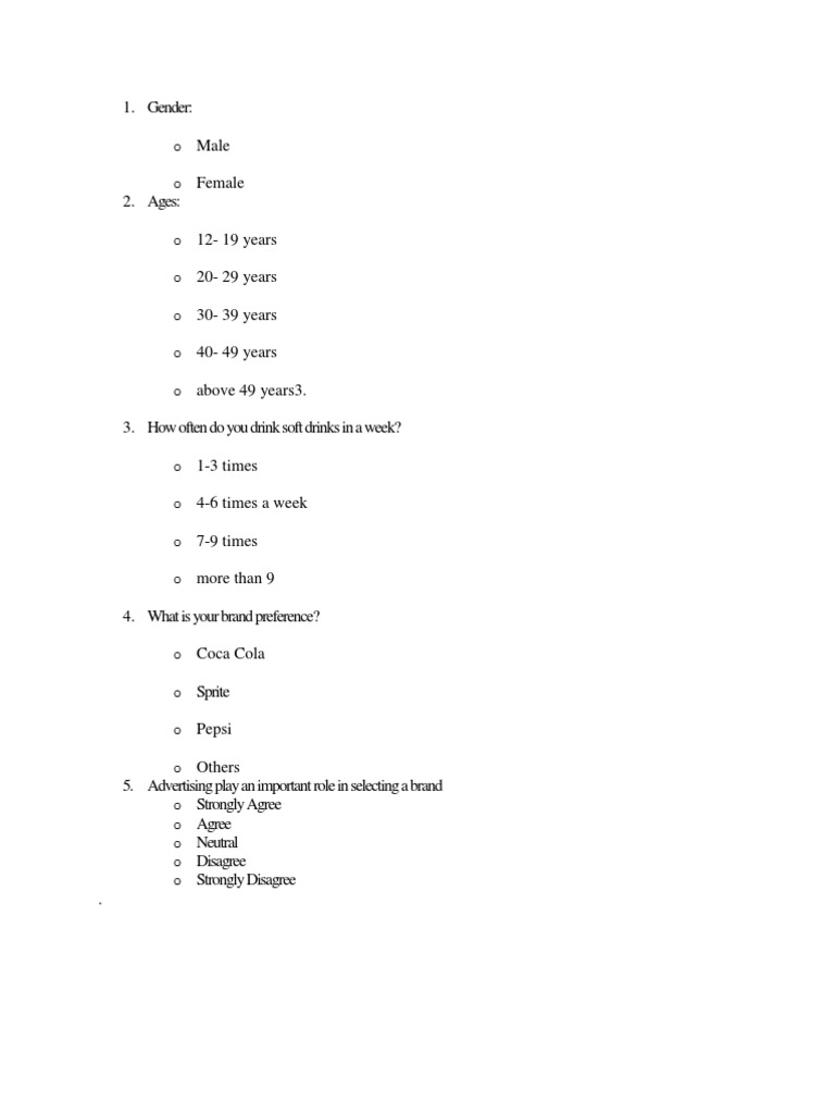 MR Questionnaire PDF Soft Drink Pepsi