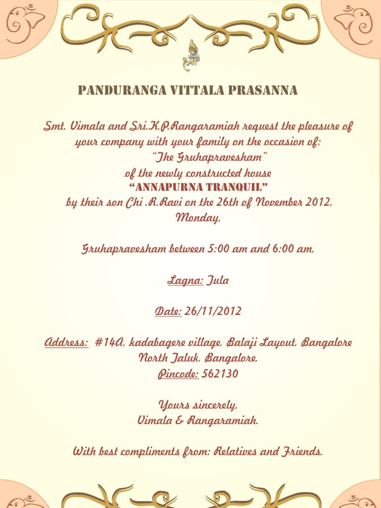 Gruhapravesham Invitation for R. Ravi | PDF | Religion & Spirituality