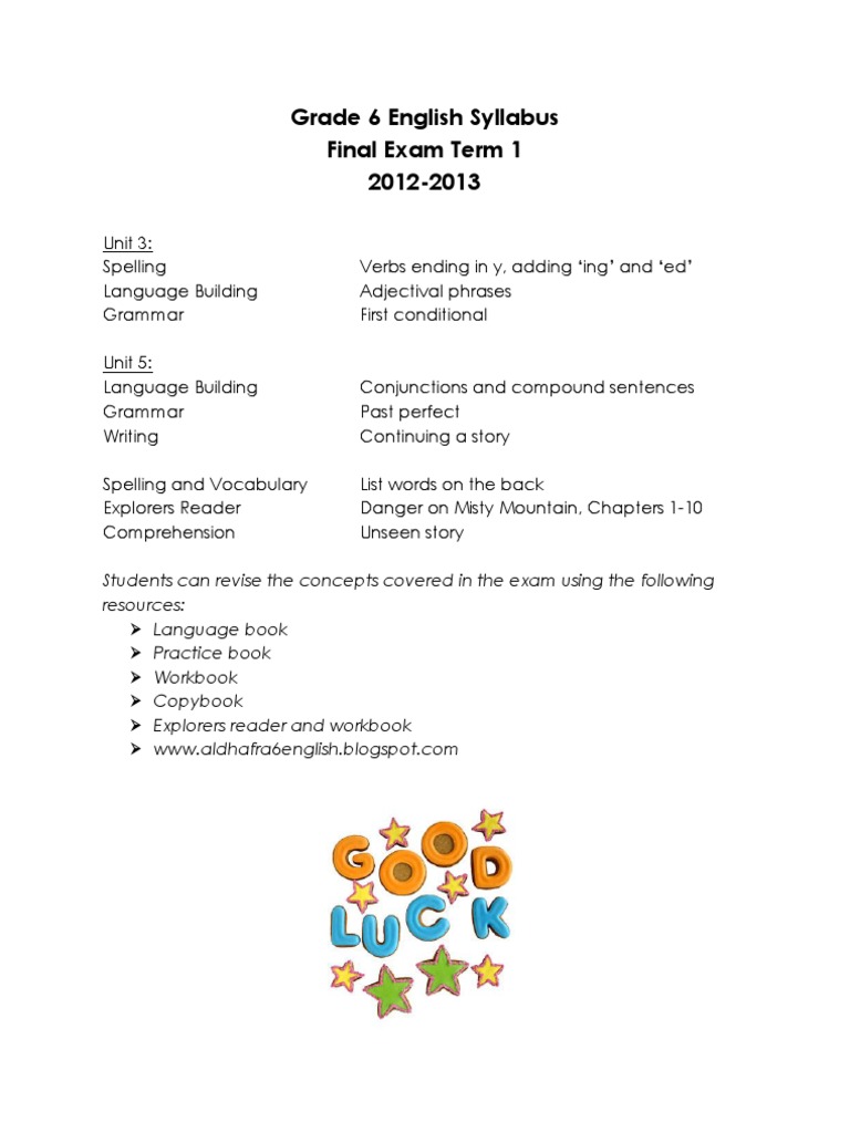 Grade 6 English Syllabus Linguistics Grammar