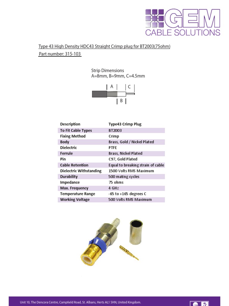 Type 43 High Density HDC43 Straight Crimp Plug For BT2003 | PDF ...