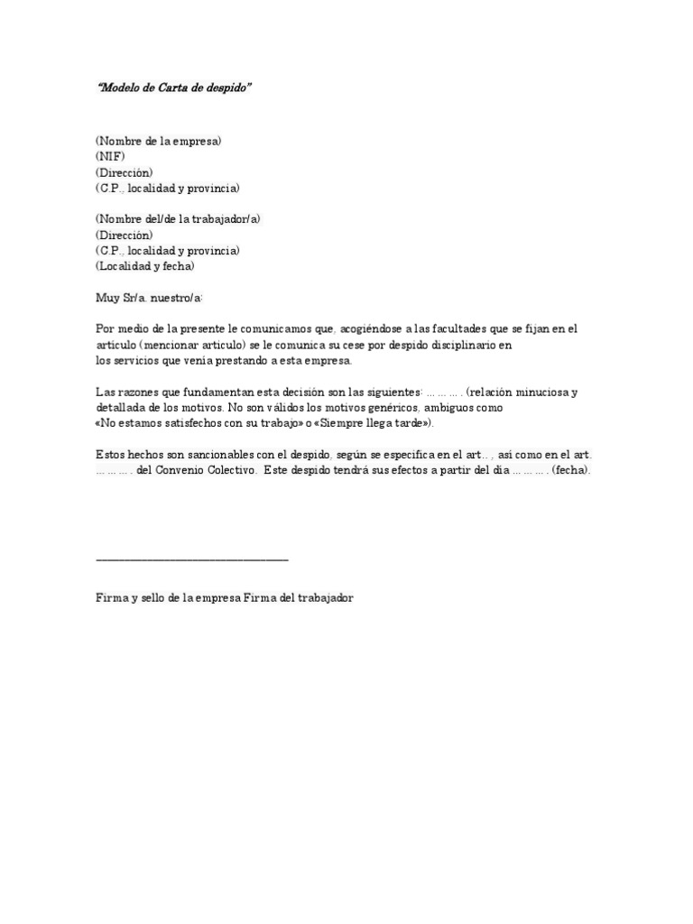 Modelo de Carta de Despido