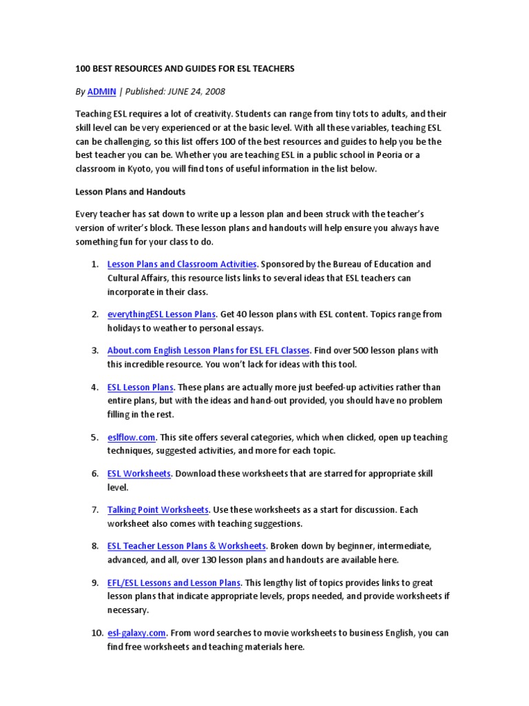 100 Best Resources and Guides For Esl Teachers | PDF | English As A Second  Or Foreign Language | Teaching English As A Foreign Language