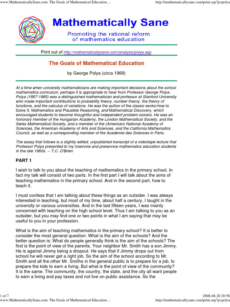 Polya's Insights on Math Education | PDF | Teaching Mathematics ...