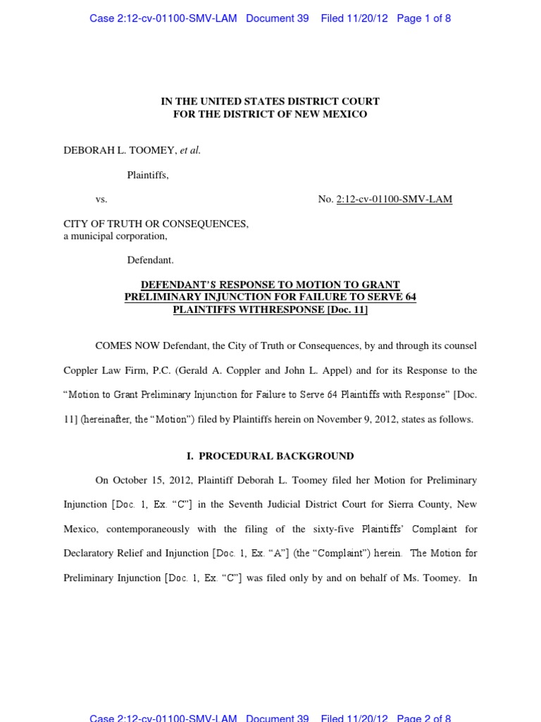 Defendant Response to Motion to Grant Preliminary Injunction