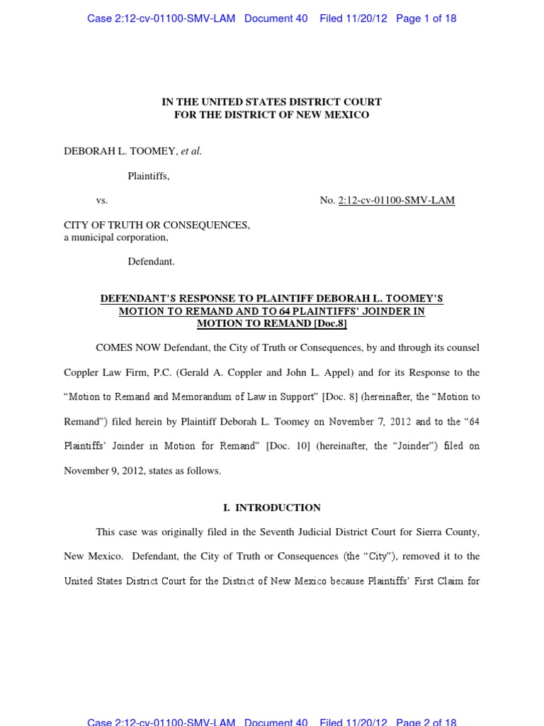 Defendant Response to Motion to Remand | Collateral Estoppel | Complaint