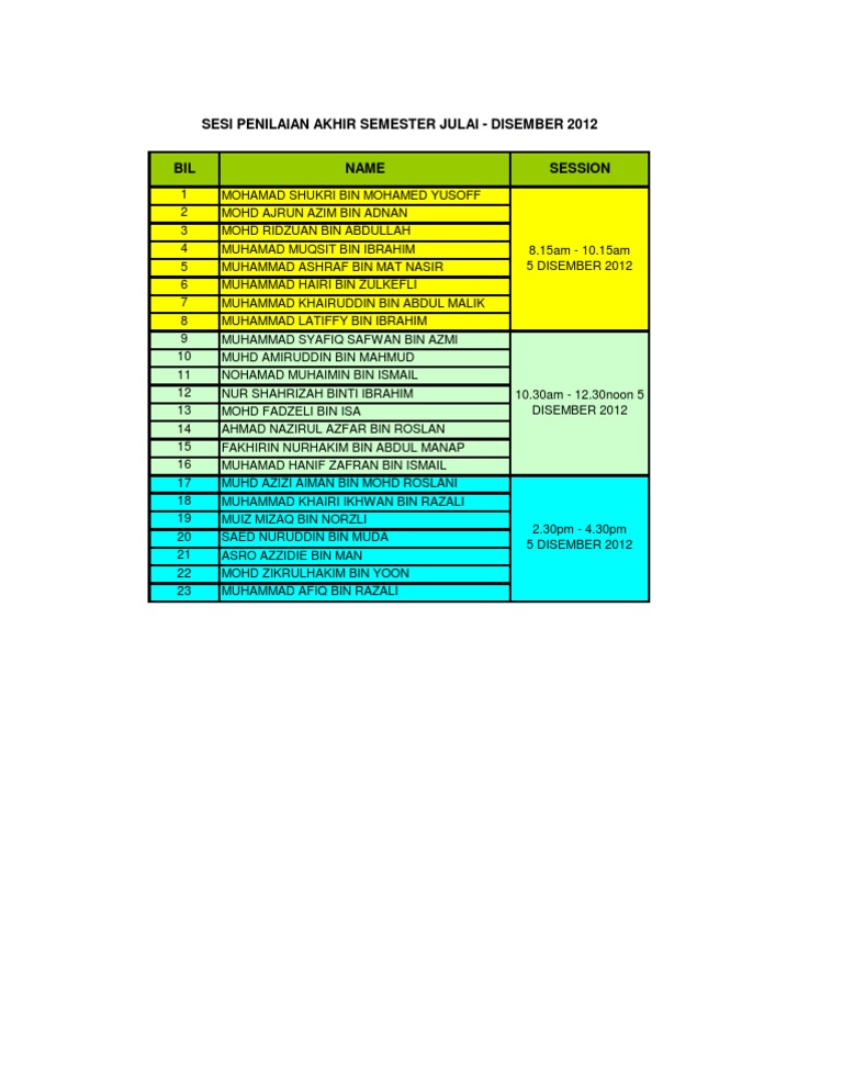 Final Semester Assessment Schedule 2012 | PDF