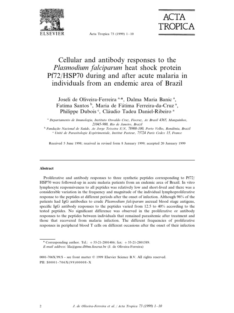 Cellular and Antibody Responses To The P Falciparum Heat Shock Protein ...