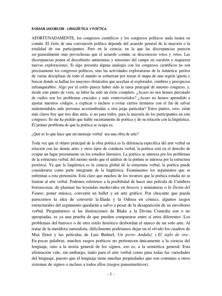 Jakobson Linguistica Y Poetica Explicacion