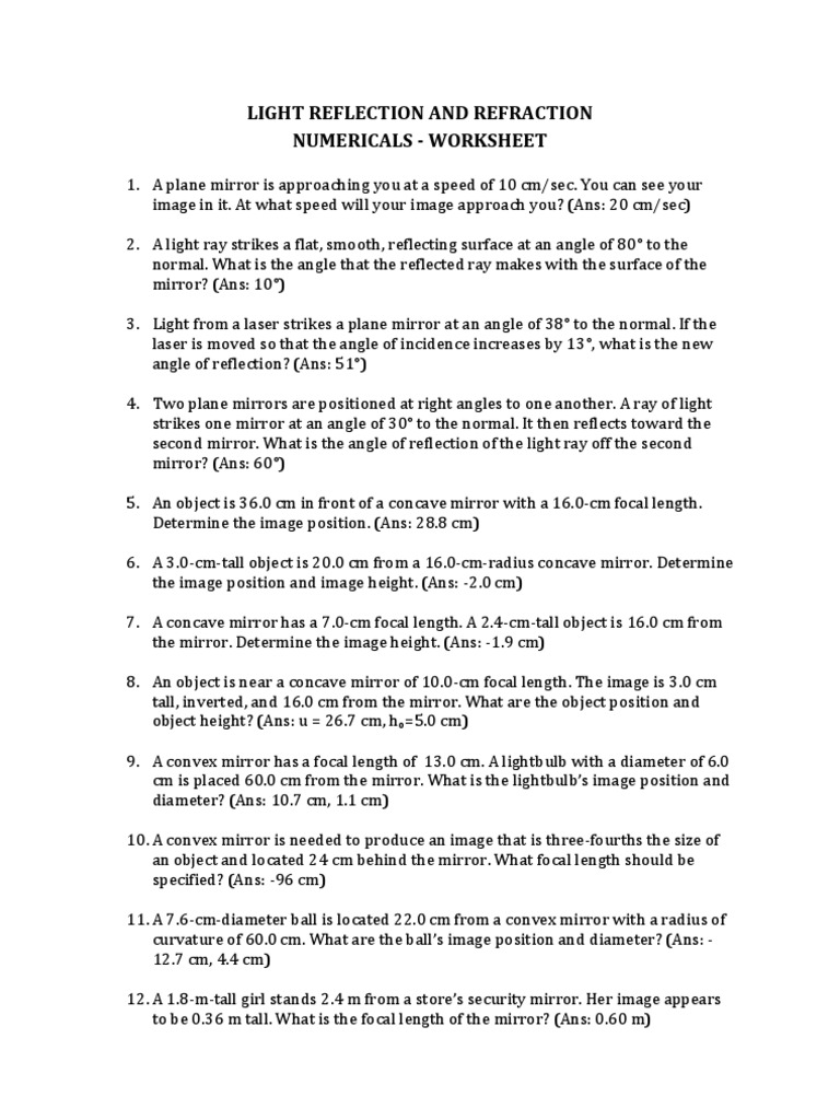 Reflection Refraction Worksheet Pdf