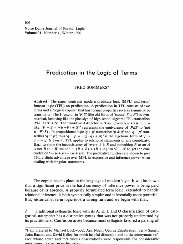 Predication in The Logic of Terms - Fred Sommers | PDF | Logic ...