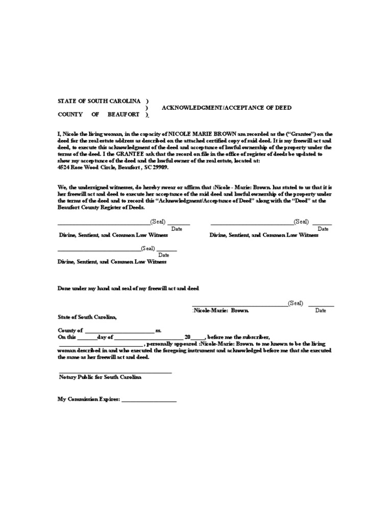Acknowledgement of Deedexample Deed Notary Public