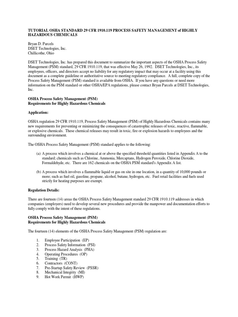 Osha psm standard 29 cfr 1910 119 psm of highly hazardous