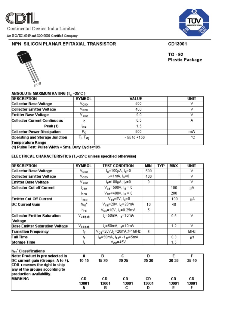 13001 Transistor | Transistor | Bipolar Junction Transistor