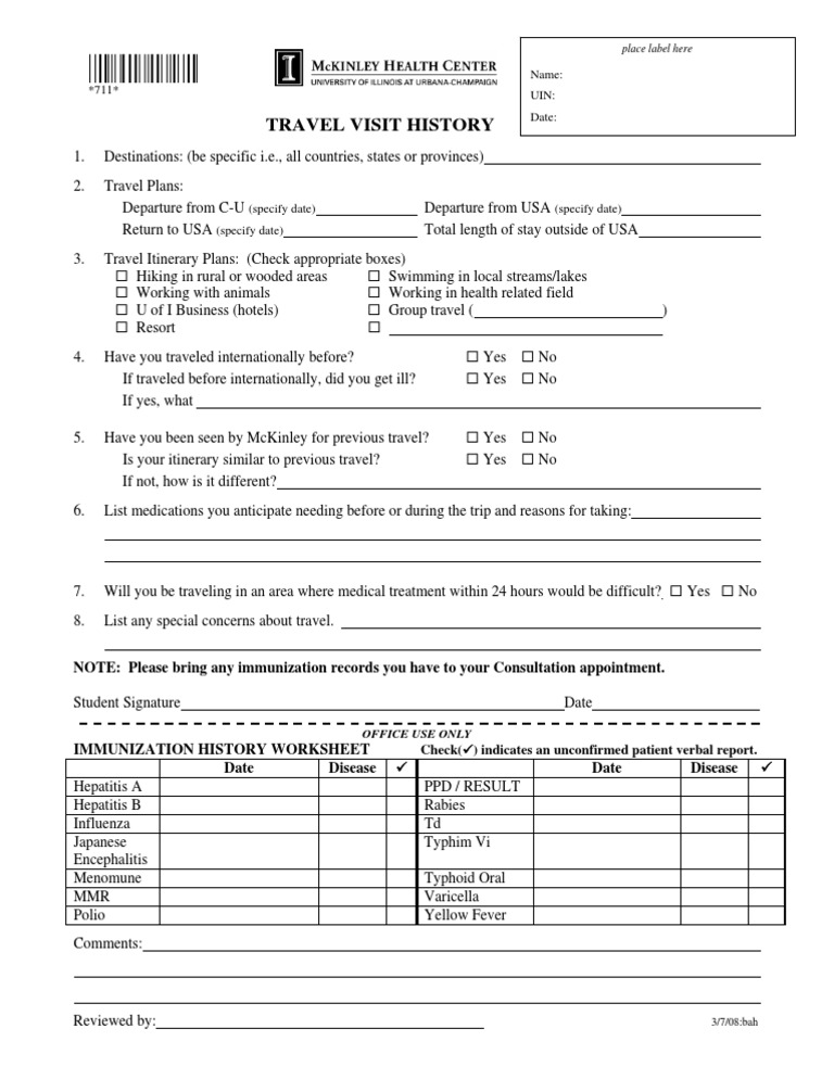 Travel Visit History and Immunization Form | PDF