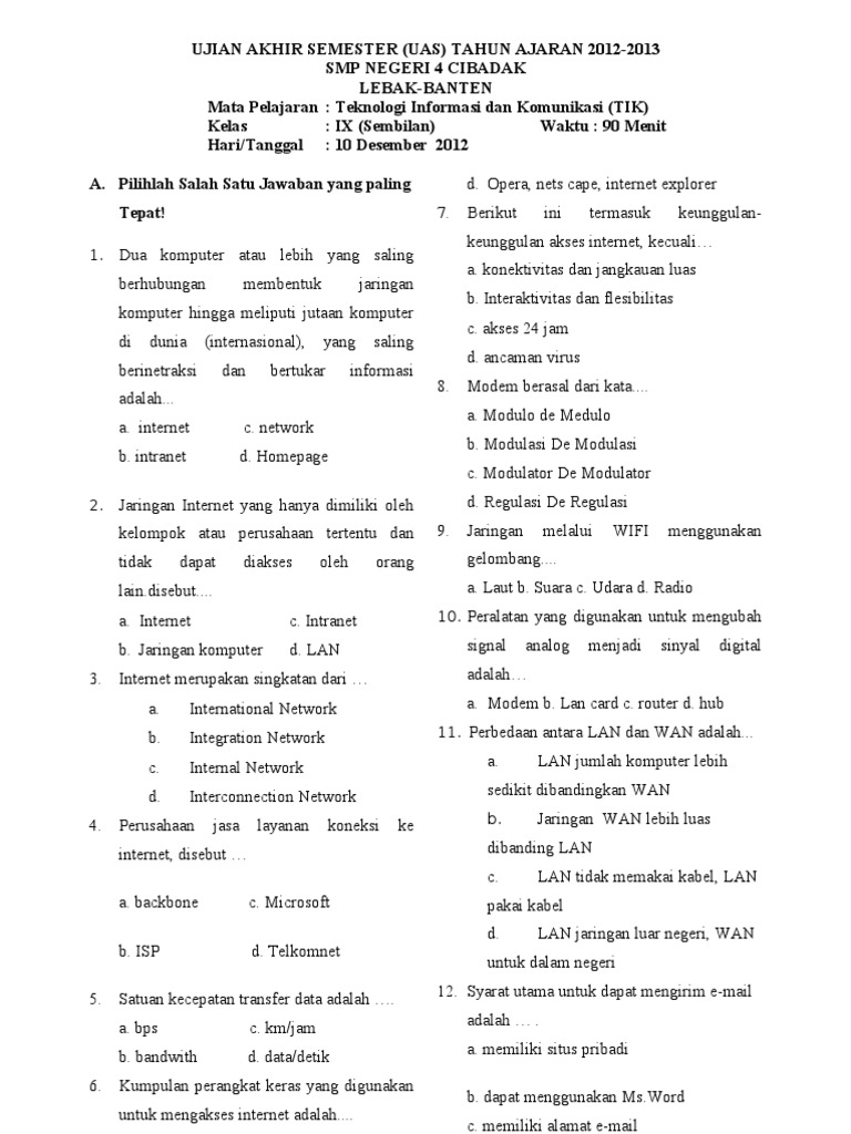 Soal Uas Tik Kelas Ix Semester I