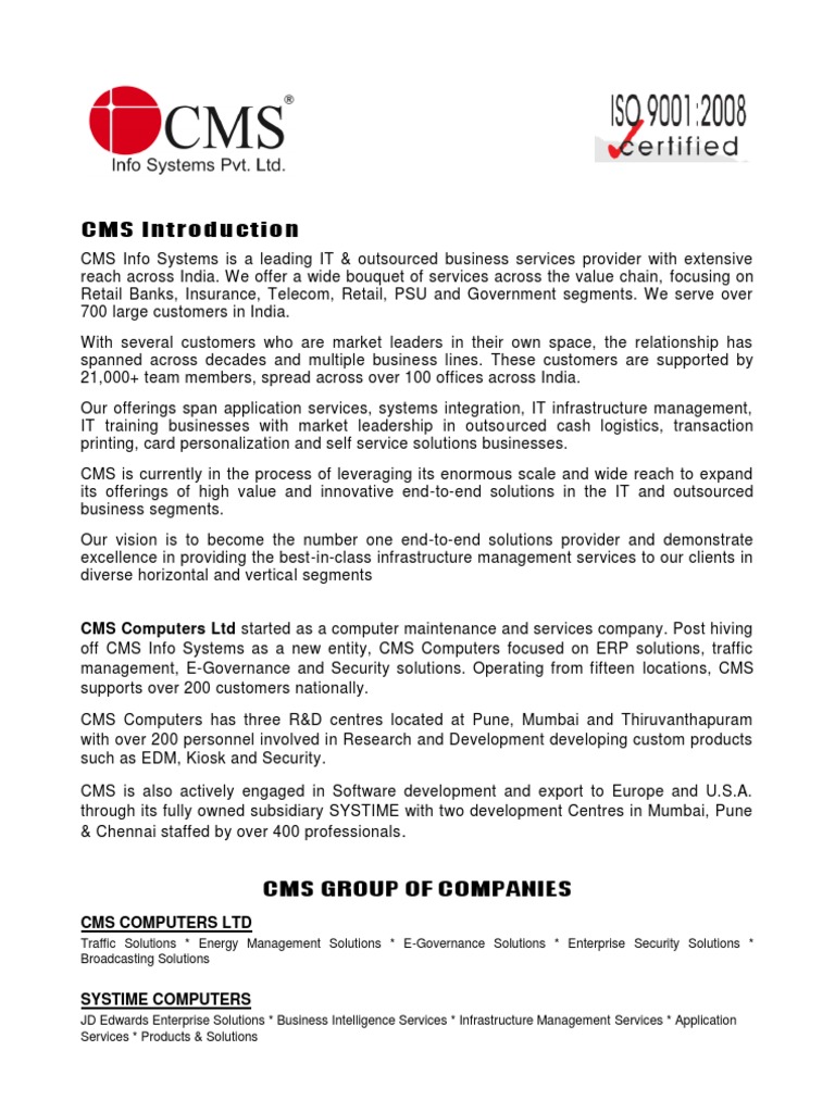 CMS Introduction and Co Profile | PDF | Business | Technology & Engineering