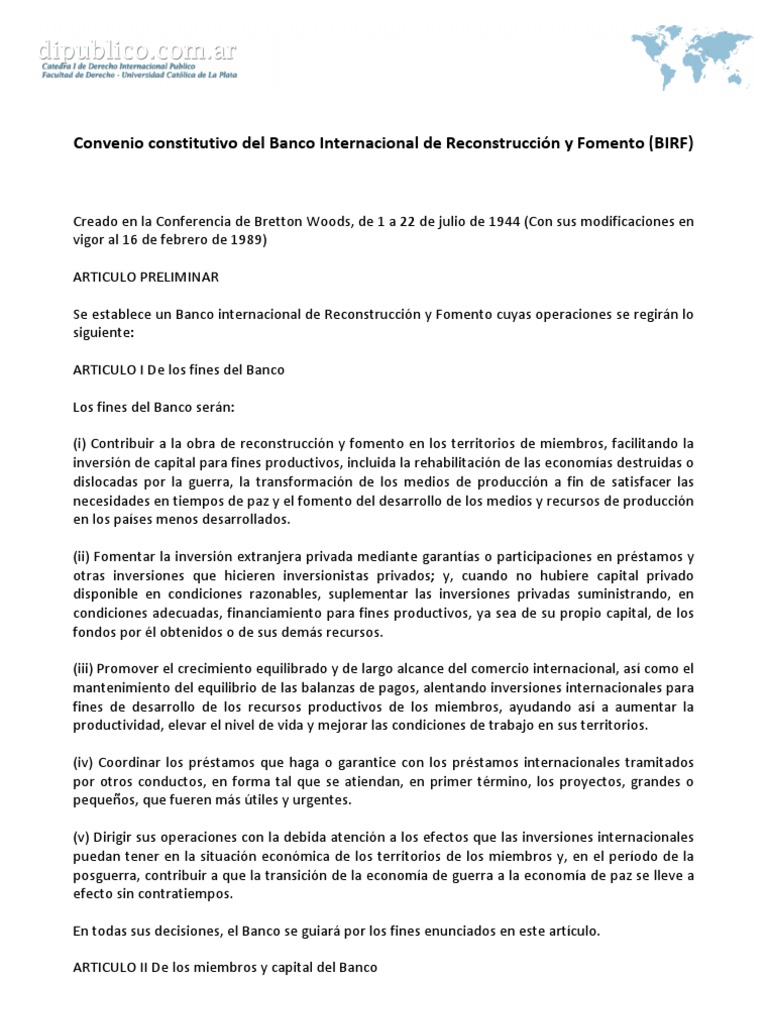 Convenio del Banco Internacional BIRF | PDF | Banco Internacional de ...