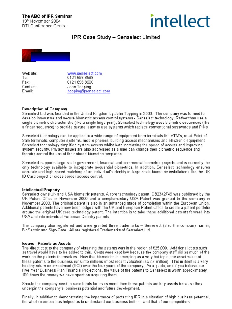 case study on ipr | Biometrics | Intellectual Property