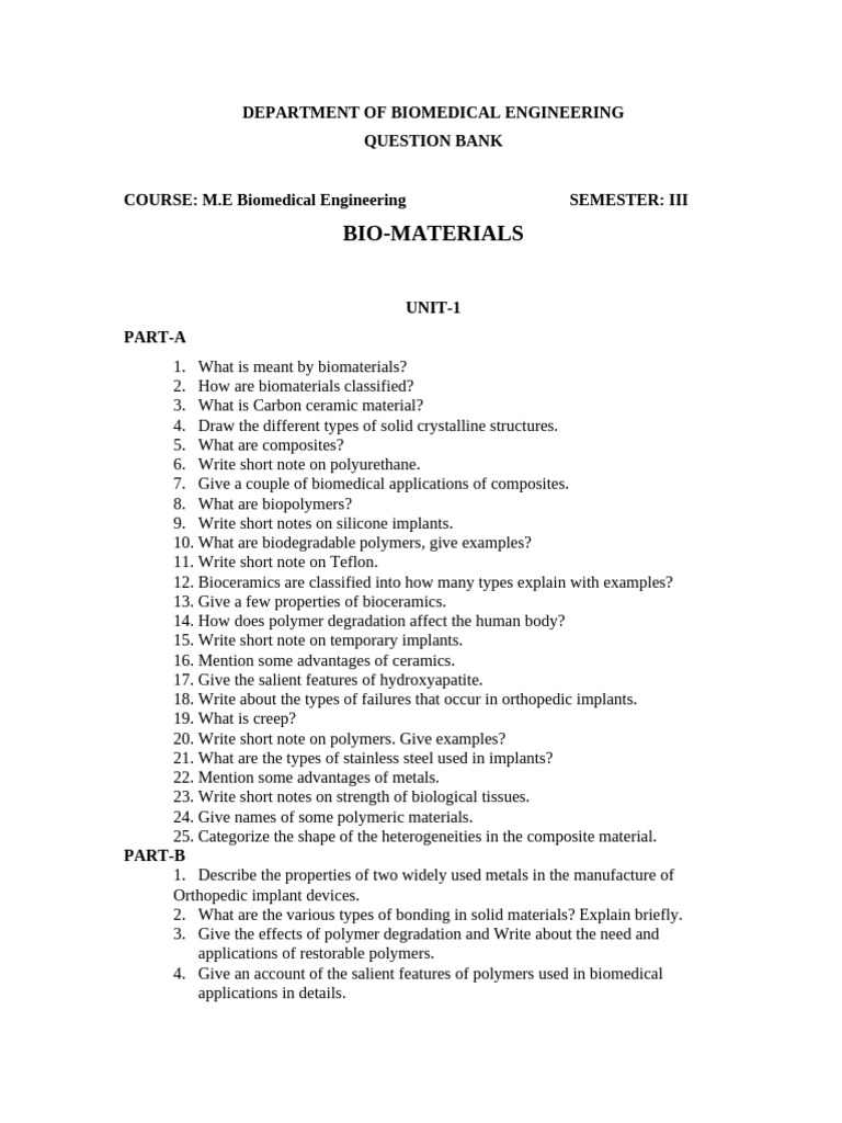 Biomedical Engineering Question Bank | PDF | Biomaterial | Bioceramic