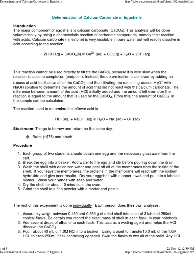 Determination of Calcium carbonate from Egg shells Mole (Unit