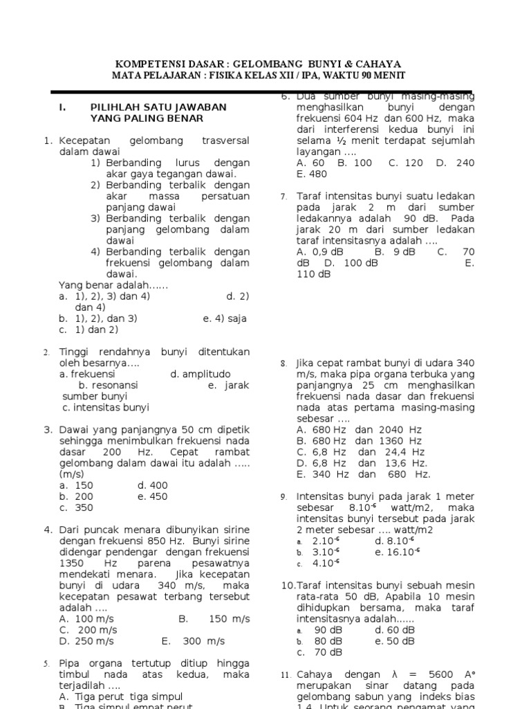 Soal Soal Materi Fisika Bunyi