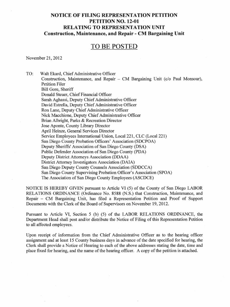 Notice of Decertification Petition by members of SEIU Local 221 in San Diego, California 1121
