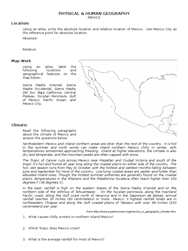 Worksheet Physical & Human Geography of Mexico Earth & Life Sciences