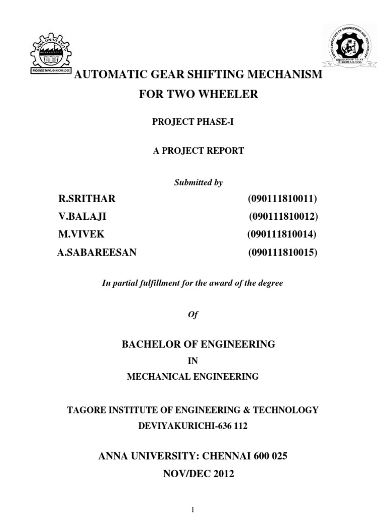 Automatic Gear Shifting Mechanism For Two Wheeler | PDF | Manual ...