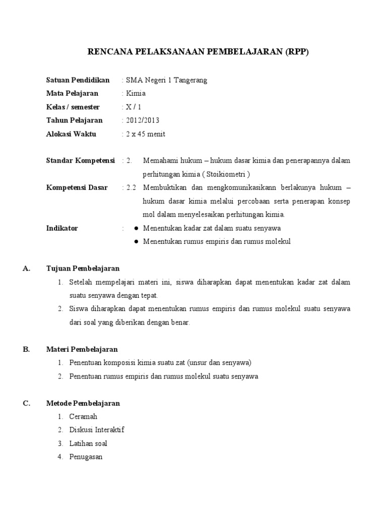 Rpp Kimia Kelas X Stoikiometri