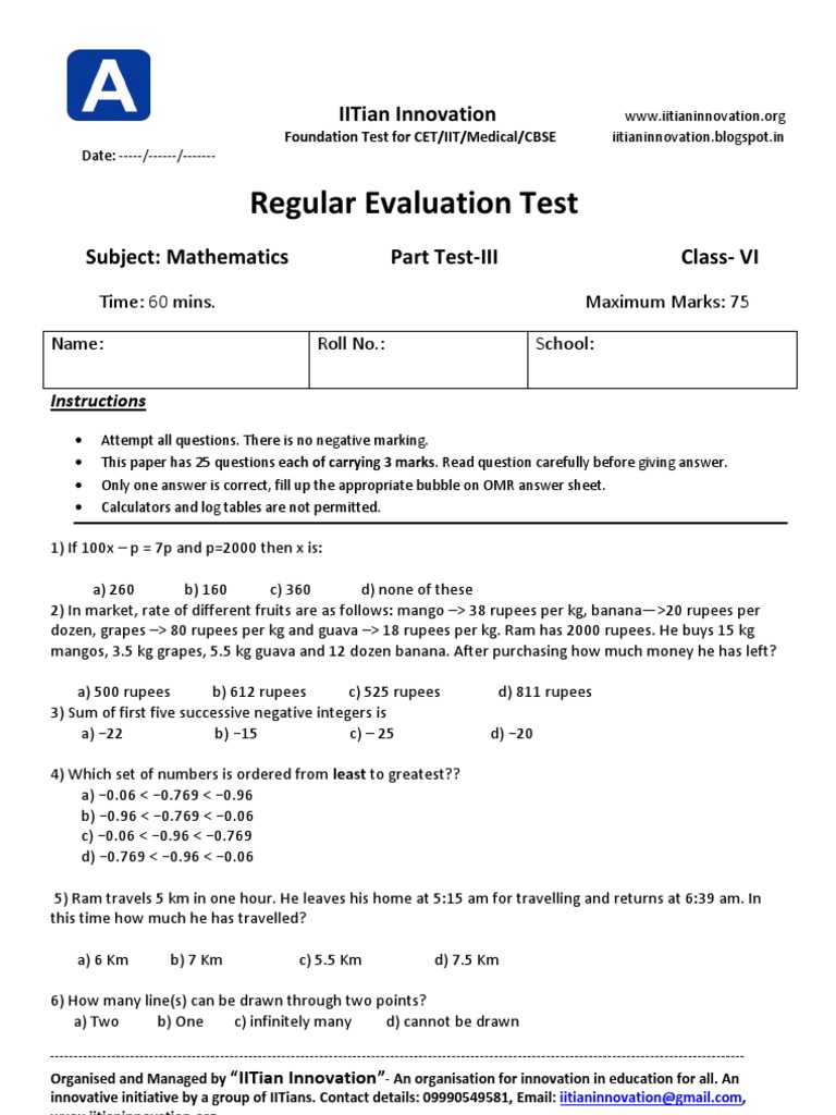 IIT Foundation Test for Class VI Math | PDF | Fluorescent Lamp | Flowers